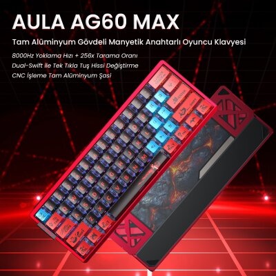 Aula AG60 Max Alüminyum Manyetik Klavye Hall Effect Frostcore Switch 8000Hz RGB TKL Hot Swap Oyuncu Klavyesi Kırmızı - 2
