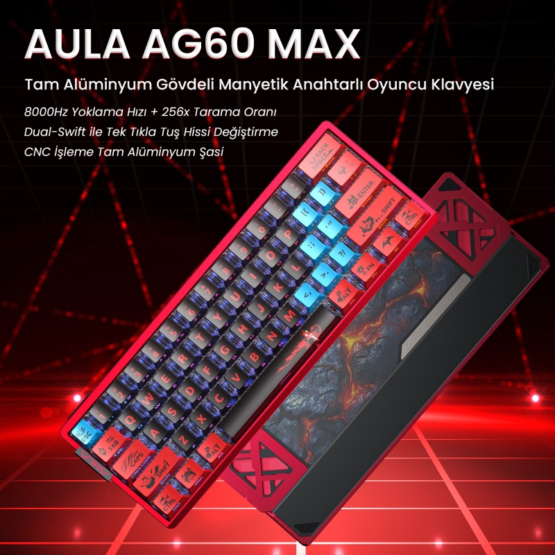 Aula AG60 Max Alüminyum Manyetik Klavye Hall Effect Frostcore Switch 8000Hz RGB TKL Hot Swap Oyuncu Klavyesi Kırmızı - 2