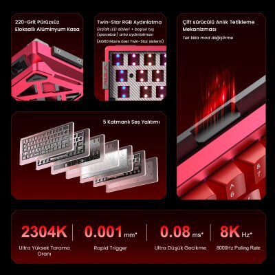 Aula AG60 Max Alüminyum Manyetik Klavye Hall Effect Frostcore Switch 8000Hz RGB TKL Hot Swap Oyuncu Klavyesi Kırmızı - 3