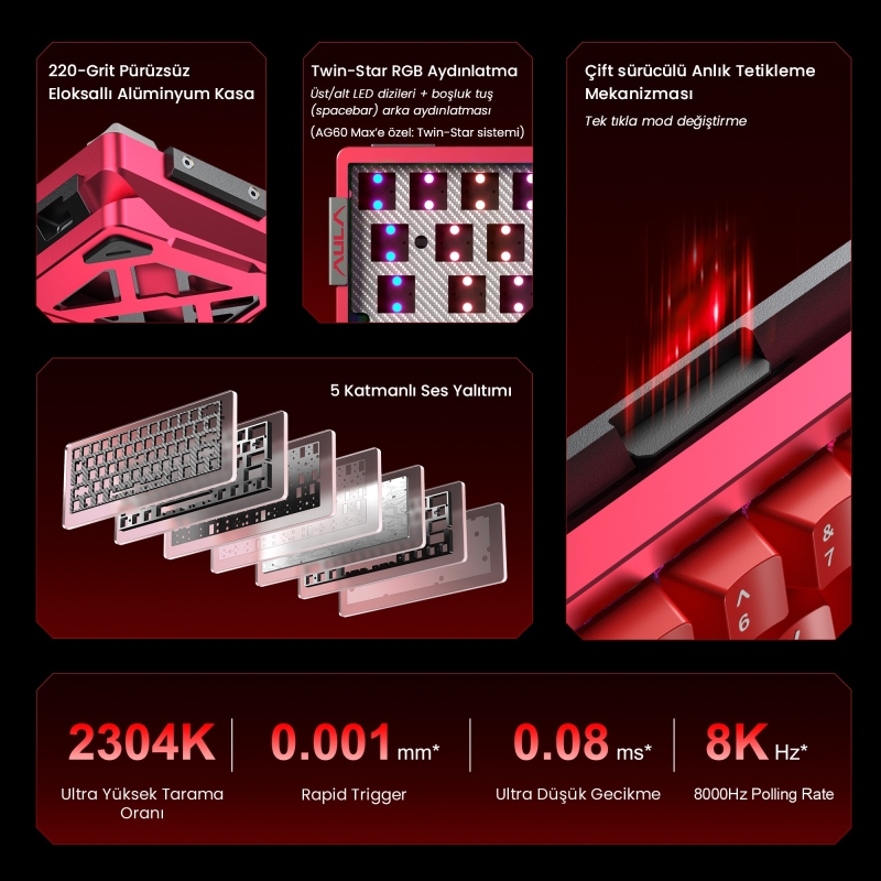 Aula AG60 Max Alüminyum Manyetik Klavye Hall Effect Frostcore Switch 8000Hz RGB TKL Hot Swap Oyuncu Klavyesi Kırmızı - 3