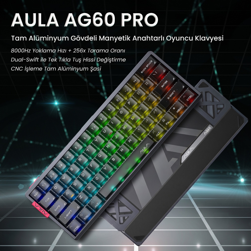 Aula AG60 Pro Alüminyum Manyetik Klavye Hall Effect Aether Switch 8000Hz RGB TKL Hot Swap Oyuncu Klavyesi Şeffaf Siyah - 2