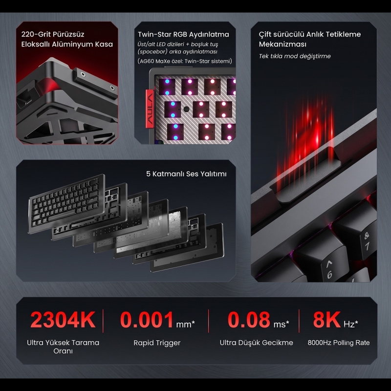 Aula AG60 Pro Alüminyum Manyetik Klavye Hall Effect Aether Switch 8000Hz RGB TKL Hot Swap Oyuncu Klavyesi Şeffaf Siyah - 3