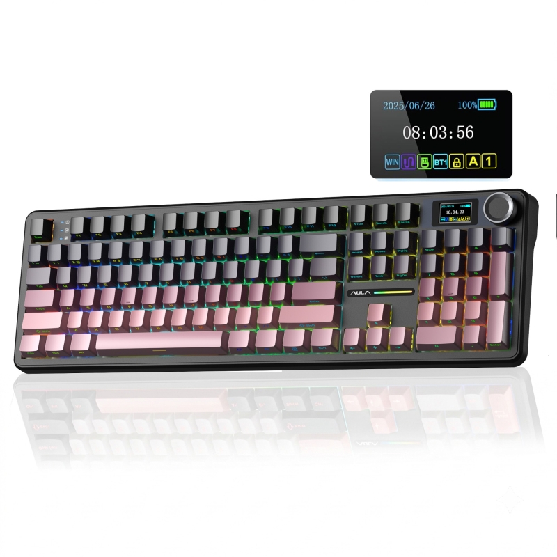 Aula F108 Pro Ekranlı Mekanik Klavye Graywood V3 Switch RGB Hot Swap 8000mAh Makrolu Oyuncu Klavyesi Gradyan Pembe - 1