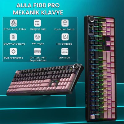 Aula F108 Pro Ekranlı Mekanik Klavye Graywood V3 Switch RGB Hot Swap 8000mAh Makrolu Oyuncu Klavyesi Gradyan Pembe - 2