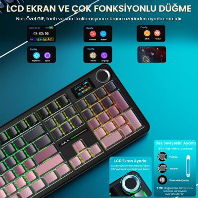 Aula F108 Pro Ekranlı Mekanik Klavye Graywood V3 Switch RGB Hot Swap 8000mAh Makrolu Oyuncu Klavyesi Gradyan Pembe - 3