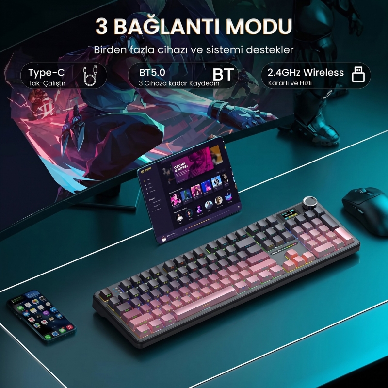 Aula F108 Pro Ekranlı Mekanik Klavye Graywood V3 Switch RGB Hot Swap 8000mAh Makrolu Oyuncu Klavyesi Gradyan Pembe - 4