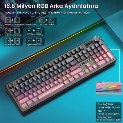 Aula F108 Pro Ekranlı Mekanik Klavye Graywood V3 Switch RGB Hot Swap 8000mAh Makrolu Oyuncu Klavyesi Gradyan Pembe - 5