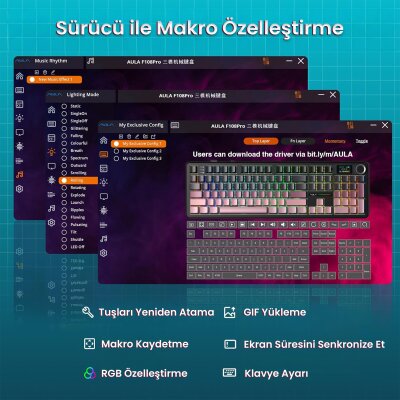 Aula F108 Pro Ekranlı Mekanik Klavye Graywood V3 Switch RGB Hot Swap 8000mAh Makrolu Oyuncu Klavyesi Gradyan Pembe - 6