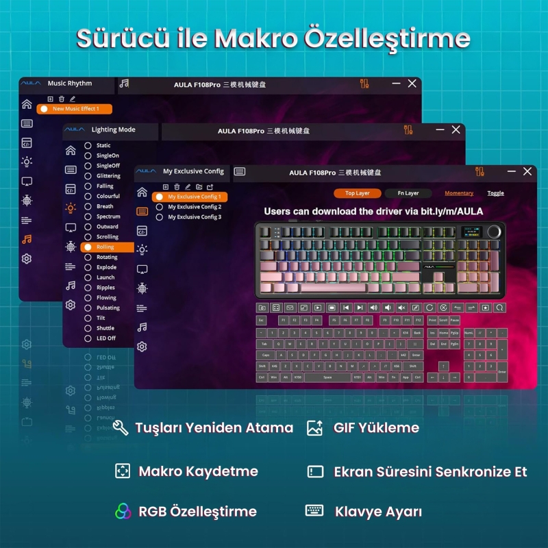 Aula F108 Pro Ekranlı Mekanik Klavye Graywood V3 Switch RGB Hot Swap 8000mAh Makrolu Oyuncu Klavyesi Gradyan Pembe - 6