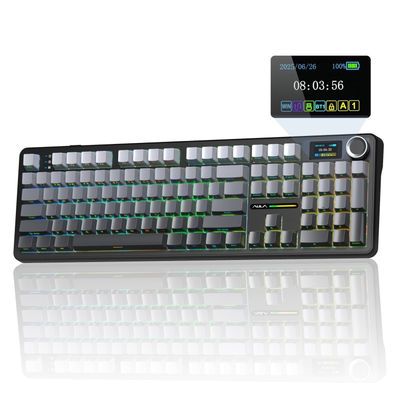 Aula F108 Pro Ekranlı Mekanik Klavye Zephyr Switch RGB Hot Swap 8000mAh Makrolu Oyuncu Klavyesi Gri - 1