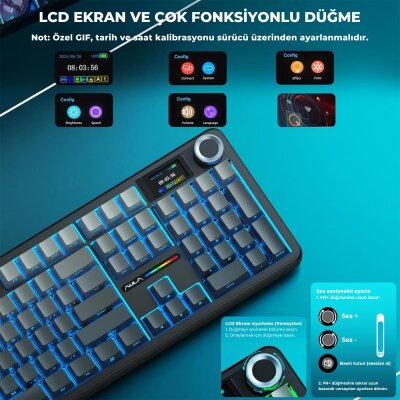 Aula F108 Pro Ekranlı Mekanik Klavye Zephyr Switch RGB Hot Swap 8000mAh Makrolu Oyuncu Klavyesi Gri - 3