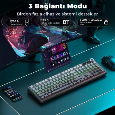 Aula F108 Pro Ekranlı Mekanik Klavye Zephyr Switch RGB Hot Swap 8000mAh Makrolu Oyuncu Klavyesi Gri - 4