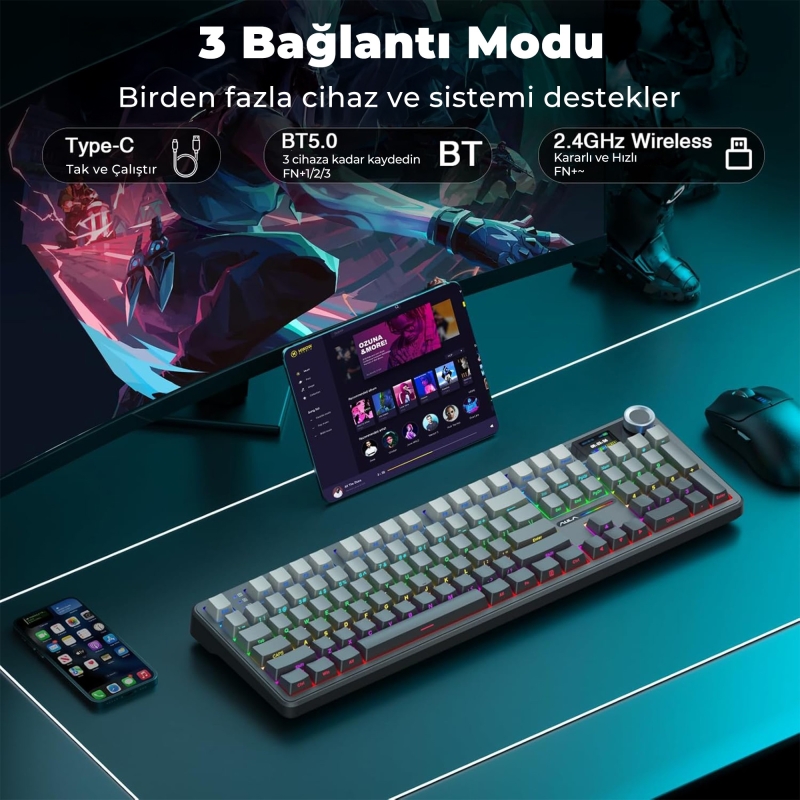 Aula F108 Pro Ekranlı Mekanik Klavye Zephyr Switch RGB Hot Swap 8000mAh Makrolu Oyuncu Klavyesi Gri - 4