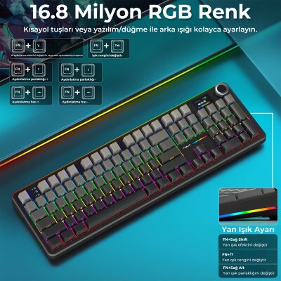 Aula F108 Pro Ekranlı Mekanik Klavye Zephyr Switch RGB Hot Swap 8000mAh Makrolu Oyuncu Klavyesi Gri - 5