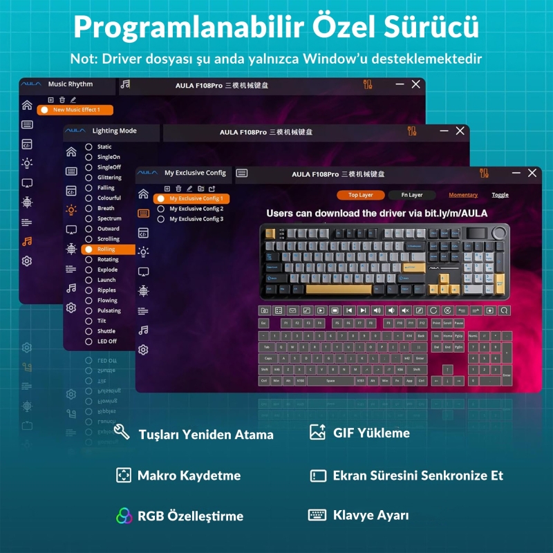 Aula F108 Pro Ekranlı Mekanik Klavye Zephyr Switch RGB Hot Swap 8000mAh Makrolu Oyuncu Klavyesi Gri - 7