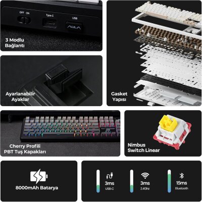 Aula F108 Pro Ekranlı Mekanik Klavye Zephyr Switch RGB Hot Swap 8000mAh Makrolu Oyuncu Klavyesi Gri - 10