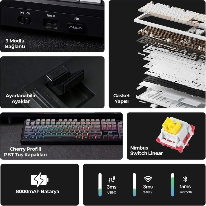 Aula F108 Pro Ekranlı Mekanik Klavye Zephyr Switch RGB Hot Swap 8000mAh Makrolu Oyuncu Klavyesi Gri - 10
