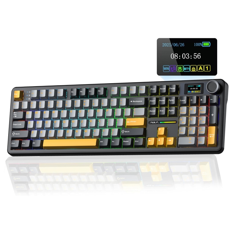 Aula F108 Pro Ekranlı Mekanik Klavye Reaper Switch RGB Hot Swap 8000mAh Makrolu Oyuncu Klavyesi Siyah - 1