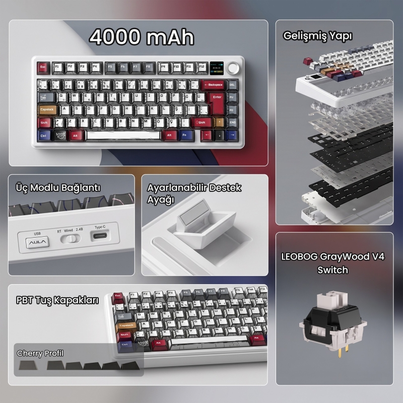 Aula F75 Max Mekanik RGB TKL GrayWood V4 Switch Kablosuz Makrolu Hot Swap Türkçe Q Klavye Comic - 2