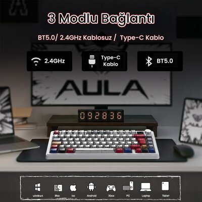 Aula F75 Max Mekanik RGB TKL GrayWood V4 Switch Kablosuz Makrolu Hot Swap Türkçe Q Klavye Comic - 3
