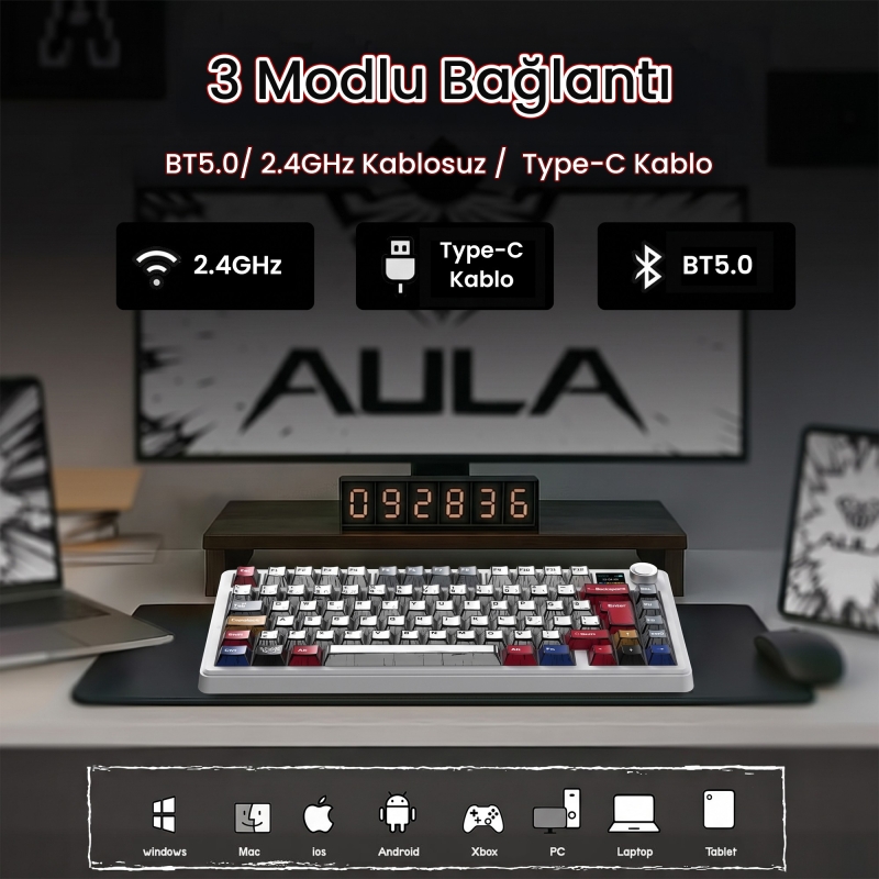 Aula F75 Max Mekanik RGB TKL GrayWood V4 Switch Kablosuz Makrolu Hot Swap Türkçe Q Klavye Comic - 3