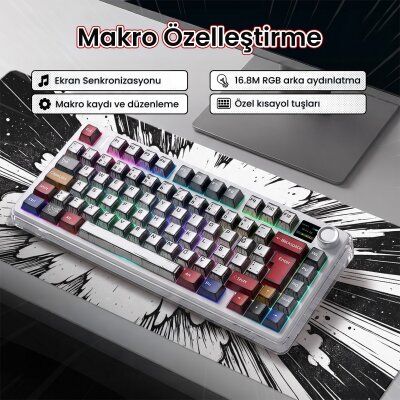 Aula F75 Max Mekanik RGB TKL GrayWood V4 Switch Kablosuz Makrolu Hot Swap Türkçe Q Klavye Comic - 4