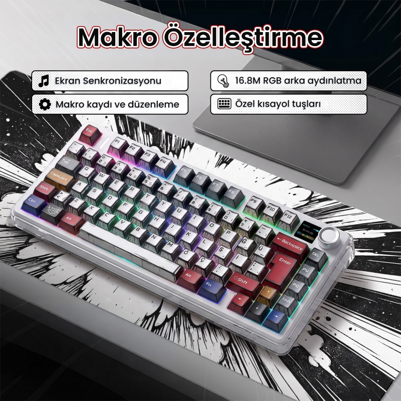 Aula F75 Max Mekanik RGB TKL GrayWood V4 Switch Kablosuz Makrolu Hot Swap Türkçe Q Klavye Comic - 4