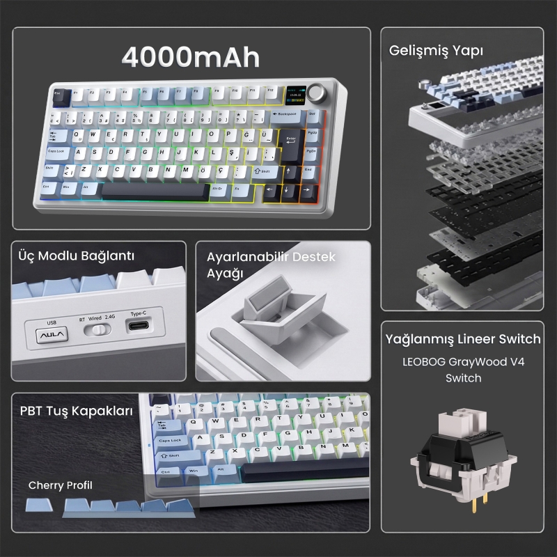 Aula F75 Max Mekanik RGB TKL GrayWood V4 Switch Kablosuz Makrolu Hot Swap Türkçe Q Klavye Lacivert - 2