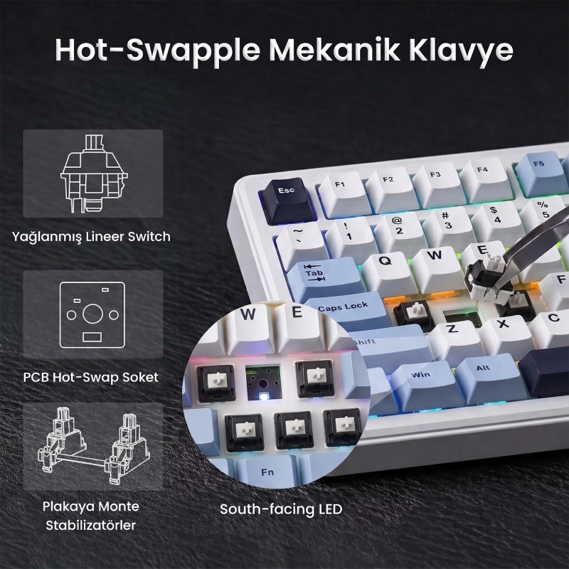 Aula F75 Max Mekanik RGB TKL GrayWood V4 Switch Kablosuz Makrolu Hot Swap Türkçe Q Klavye Lacivert - 4