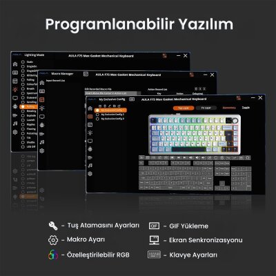 Aula F75 Max Mekanik RGB TKL GrayWood V4 Switch Kablosuz Makrolu Hot Swap Türkçe Q Klavye Lacivert - 6