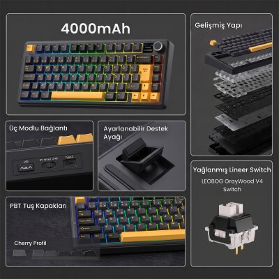 Aula F75 Max Mekanik RGB TKL GrayWood V4 Switch Kablosuz Makrolu Hot Swap Türkçe Q Klavye Siyah - 2