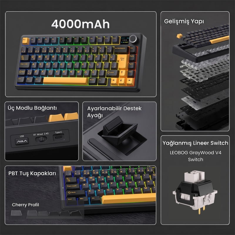 Aula F75 Max Mekanik RGB TKL GrayWood V4 Switch Kablosuz Makrolu Hot Swap Türkçe Q Klavye Siyah - 2