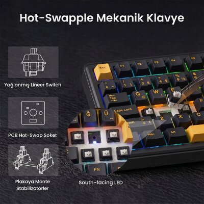 Aula F75 Max Mekanik RGB TKL GrayWood V4 Switch Kablosuz Makrolu Hot Swap Türkçe Q Klavye Siyah - 4