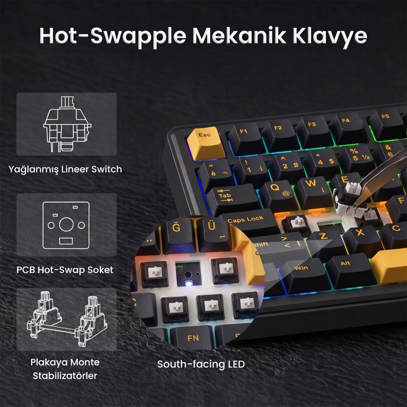 Aula F75 Max Mekanik RGB TKL GrayWood V4 Switch Kablosuz Makrolu Hot Swap Türkçe Q Klavye Siyah - 4