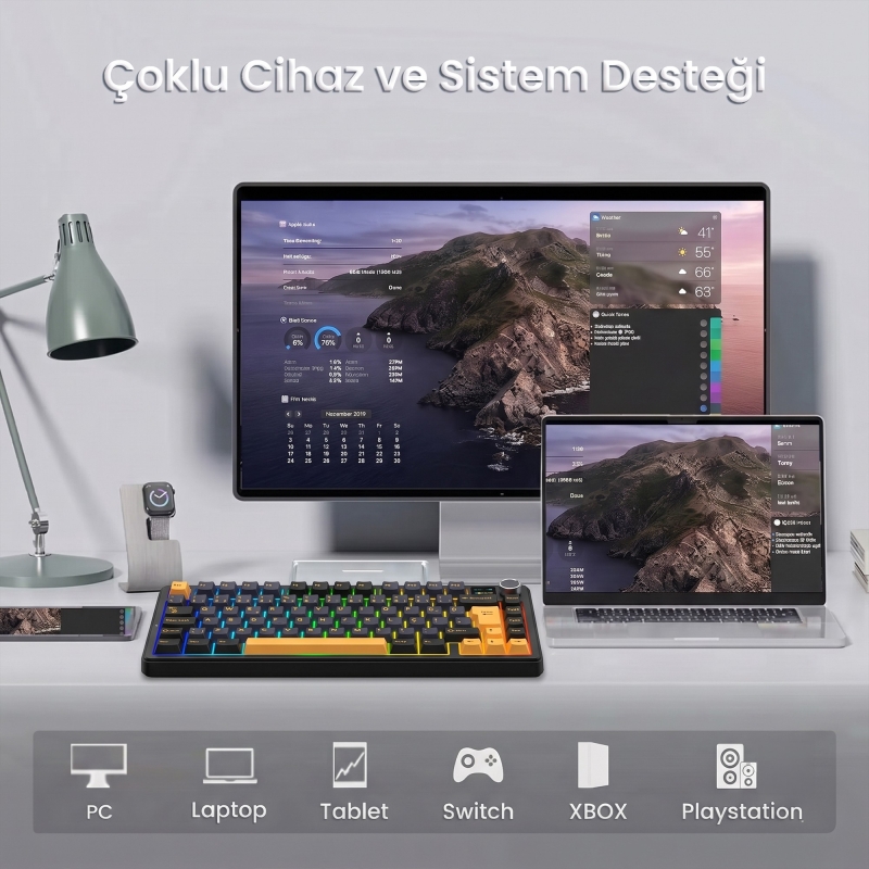 Aula F75 Max Mekanik RGB TKL GrayWood V4 Switch Kablosuz Makrolu Hot Swap Türkçe Q Klavye Siyah - 5