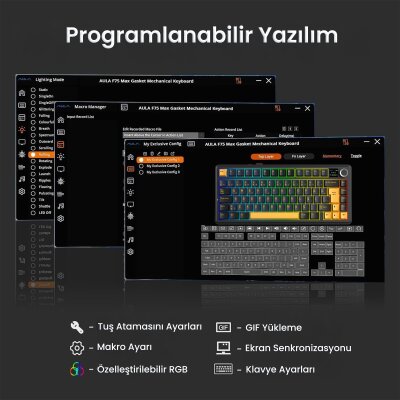 Aula F75 Max Mekanik RGB TKL GrayWood V4 Switch Kablosuz Makrolu Hot Swap Türkçe Q Klavye Siyah - 6