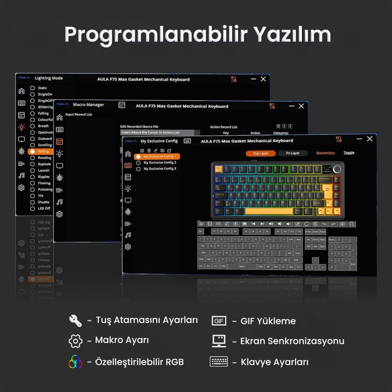 Aula F75 Max Mekanik RGB TKL GrayWood V4 Switch Kablosuz Makrolu Hot Swap Türkçe Q Klavye Siyah - 6