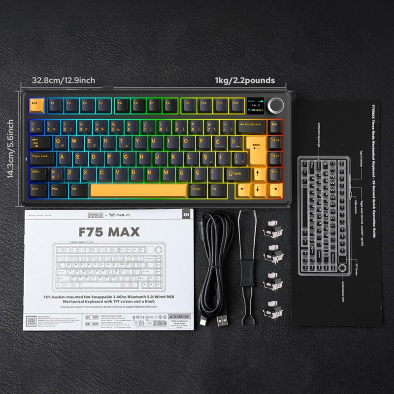 Aula F75 Max Mekanik RGB TKL GrayWood V4 Switch Kablosuz Makrolu Hot Swap Türkçe Q Klavye Siyah - 7