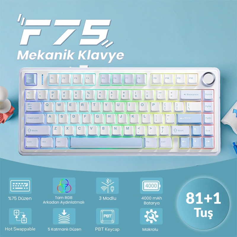 Aula F75 Mekanik RGB TKL GrayWood V3 Switch Kablosuz Makrolu Hot Swap Klavye Buz Mavisi - 2