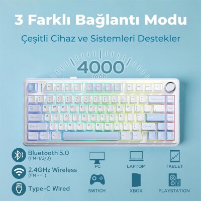 Aula F75 Mekanik RGB TKL GrayWood V3 Switch Kablosuz Makrolu Hot Swap Klavye Buz Mavisi - 3