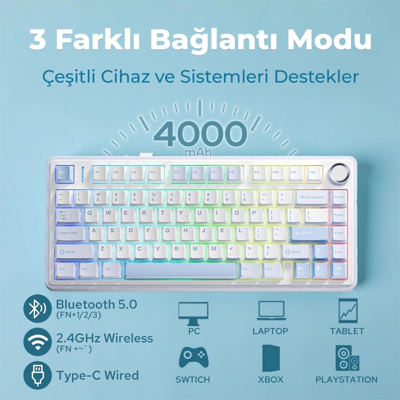 Aula F75 Mekanik RGB TKL GrayWood V3 Switch Kablosuz Makrolu Hot Swap Klavye Buz Mavisi - 3
