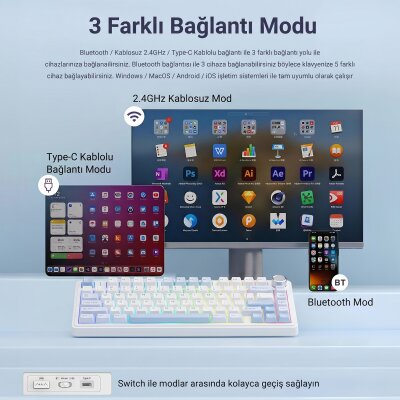 Aula F75 Mekanik RGB TKL GrayWood V3 Switch Kablosuz Makrolu Hot Swap Klavye Buz Mavisi - 6