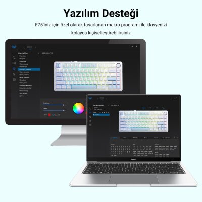 Aula F75 Mekanik RGB TKL GrayWood V3 Switch Kablosuz Makrolu Hot Swap Klavye Buz Mavisi - 7