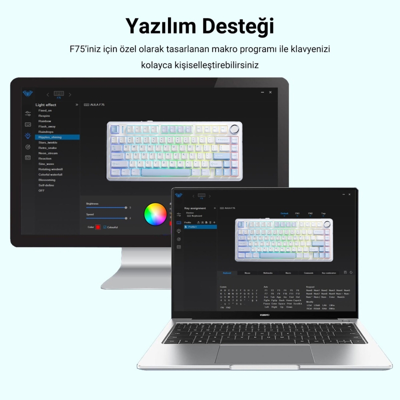 Aula F75 Mekanik RGB TKL GrayWood V3 Switch Kablosuz Makrolu Hot Swap Klavye Buz Mavisi - 7