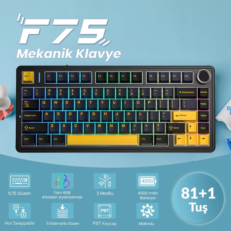 Aula F75 Mekanik RGB TKL GrayWood V3 Switch Kablosuz Makrolu Hot Swap Klavye Siyah - 2