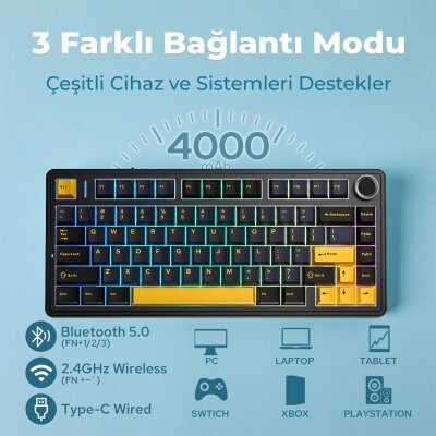 Aula F75 Mekanik RGB TKL GrayWood V3 Switch Kablosuz Makrolu Hot Swap Klavye Siyah - 3