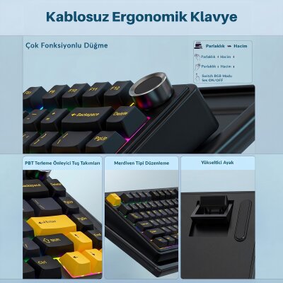 Aula F75 Mekanik RGB TKL GrayWood V3 Switch Kablosuz Makrolu Hot Swap Klavye Siyah - 4