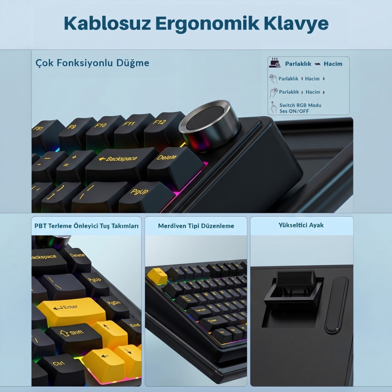 Aula F75 Mekanik RGB TKL GrayWood V3 Switch Kablosuz Makrolu Hot Swap Klavye Siyah - 4