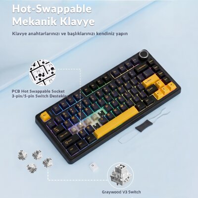 Aula F75 Mekanik RGB TKL GrayWood V3 Switch Kablosuz Makrolu Hot Swap Klavye Siyah - 5