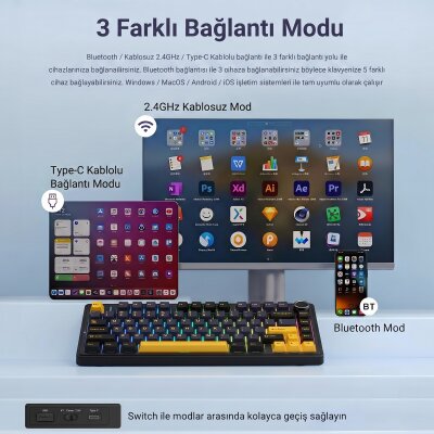Aula F75 Mekanik RGB TKL GrayWood V3 Switch Kablosuz Makrolu Hot Swap Klavye Siyah - 6